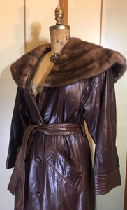 70s 80s Full Length Leather Trench with Full Extra Wide Mink Collar Butter Soft Leather Neiman Marcus M/L Flexible Size Princess