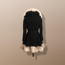 Load image into Gallery viewer, 60’s Vintage Black Karakul Persian Lamb and Silver Fox Fur Princess Coat Fit Flare Swarovski Crystal Belt