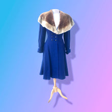 Load image into Gallery viewer, 40’s Vintage Cobalt Blue Fit Flare “New Look” Princess Full Skirt Coat with Massive Shearling Mouton Ombré Collar