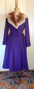 Women's Vintage Coat- 40s Royal Purple Wool Princess Fit and Flare Double Breasted Sheared Ombre Fur Collar Film Noir Pinup