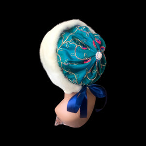 Himalayan Hat with Blonde Mink and Raw Silk Embroidered Peacock Crystal