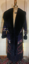 Load image into Gallery viewer, Purple Suede Aztec Patchwork Fringe Native American Leather Warm Cozy Pink Magenta Beaded Sheared Fur Long Coat M/L