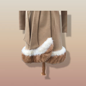 60’s Vintage Camel Coat  with Fur Trim Vicuna-Printed Fit Flare Wrap Style Wool Cashmere Blend