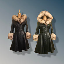 Load image into Gallery viewer, Vintage 70’s Leather Coat with Fox Fur Hood and Cuff Trim Princess Full Flare Skirt Rare OOAK 36/38 Bust Sargent Pepper Double Breasted