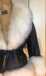 60s Mod Black Leather Coat and White Sheep Shearling Princess XS/S Penny Lane Almost Famous Boho Mod