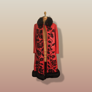 Vintage 70’s 80’s Embroidered Red Leather Coat Black Fox Fur Trim