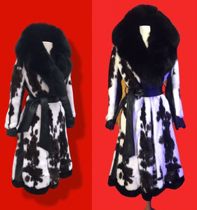 Couture  New Jaguar Mink Fox Fur Lamb Leather Princess Scalloped Coat Black and White Brand New
