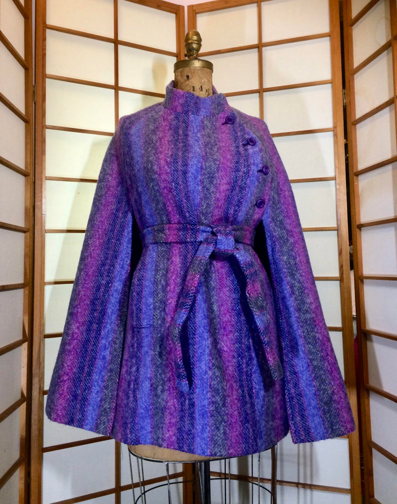 60's Plaid Purple Poncho Cape--Mod Pendleton Royal Blue Lavender Pendleton Cape Coat 60's Open Sizing Free Size S/M/L