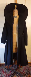 Women's Vintage Coat-50s Lilli Ann Classic Black Fit Flare Dramatic Collar Thick Wool Full Skirted Princess Price: