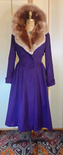 Load image into Gallery viewer, Women&#39;s Vintage Coat- 40s Royal Purple Wool Princess Fit and Flare Double Breasted Sheared Ombre Fur Collar Film Noir Pinup