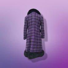 Load image into Gallery viewer, 60’s Purple Woven Wool Coat with Genuine Fur Peplum and Collar Plaid