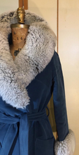 Load image into Gallery viewer, Vintage Coat-60s Blue Shearling and Wool Velvet/Velveteen Fit and Flare Princess Mod Boho Wrap Coat S/M/L Flexible Size
