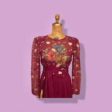 Load image into Gallery viewer, 70’s 80’s Vintage Bergundy Purple Chiffon High Low Floral Dress Tassle Extra Belt
