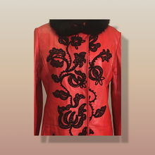 Load image into Gallery viewer, Vintage 70’s 80’s Embroidered Red Leather Coat Black Fox Fur Trim