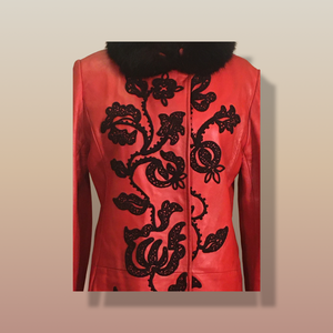 Vintage 70’s 80’s Embroidered Red Leather Coat Black Fox Fur Trim