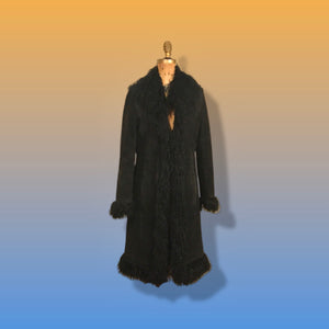 70’s 80’s Vintage Black Suede Coat Mongolian Curly Lamb Penny Lane Boho Long