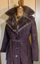Load image into Gallery viewer, 70s Suede Sheepskin Shearling Saks Fifth Ave Brown Penny Lane Coat Princess Fit and Flare Almost Famous Small Medium Boho Hippy Bohemian