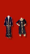 Load image into Gallery viewer, 60s 70s MUSEUM Collectible Vintage Royal Velvet Cleopatra Overcoat and Tunic Set Duster Hand Embroidered Pearls Exotic Persian Fashion History Ottoman Empire