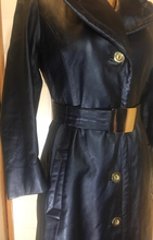 Load image into Gallery viewer, 60s Black Leather Mod Coat- Chic Minimalist Belt Belted Gold Buttons Fit Flare Jackie Kennedy Chic Soft Leather XS S Petite