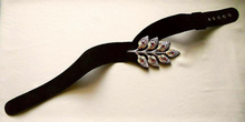 Load image into Gallery viewer, 80s Vintage Black Suede Cinch Belt Jeweled Swarovski Crystals Leaves Floral HENRYKS BIJOUX Austria 24&quot; to 27&quot; waist