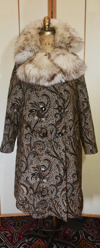 60s Mod Tapestry Carpet Coat Swing Coat Double Breasted Large Norwegian Fox Fur M//L/XL