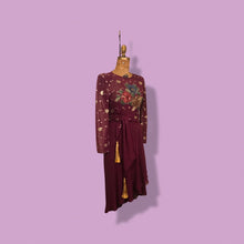 Load image into Gallery viewer, 70’s 80’s Vintage Bergundy Purple Chiffon High Low Floral Dress Tassle Extra Belt