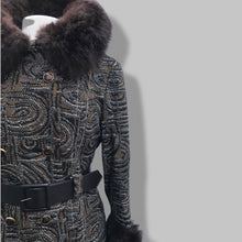 Load image into Gallery viewer, 60’s Mod Vintage Tapestry Wool Carpet Coat Black and Brown with Genuine Fur Trim