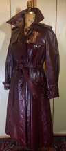 Load image into Gallery viewer, Vintage 70s Leather Coat Spy Trench Belted Fit and Flare Burgundy Oxblood Maroon Reddish Brown S/M