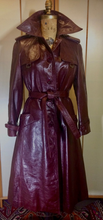 Load image into Gallery viewer, Vintage 70s Leather Coat Spy Trench Belted Fit and Flare Burgundy Oxblood Maroon Reddish Brown S/M