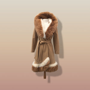 60’s Vintage Camel Coat  with Fur Trim Vicuna-Printed Fit Flare Wrap Style Wool Cashmere Blend