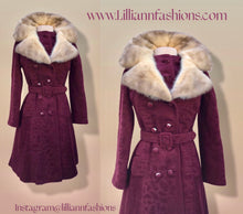 Load image into Gallery viewer, Vintage Wine Maroon Wool Mad Men 60’s Mohair Peacoat with Cross Mink Collar Mod