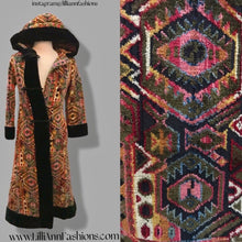 Load image into Gallery viewer, 60’s 70’s Vintage Carpet Coat Needlepoint Hooded Sherpa Trim Fit and Flare