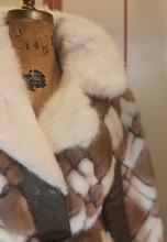 Load image into Gallery viewer, 60s Geometric Mink Leather Coat --Mod Mosaic Mink White and Brown Patchwork ColorBlock Coat S/M