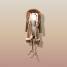 Load image into Gallery viewer, 60’s Vintage Camel Coat  with Fur Trim Vicuna-Printed Fit Flare Wrap Style Wool Cashmere Blend