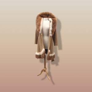 60’s Vintage Camel Coat  with Fur Trim Vicuna-Printed Fit Flare Wrap Style Wool Cashmere Blend