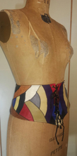 Load image into Gallery viewer, Leather Vintage Patchwork Cinch Corset Belt 70s Purple Red Blue Color Block Mosaic Small Extra Small Goth Hippy medium