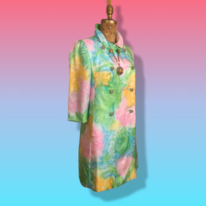 60’s Shift Dress and Coat Set by I. Magnin Pastel Floral Pink Blue Crystal Buttons