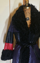 Load image into Gallery viewer, 70S Christian Dior Couture Leather Curly Mongolian Lamb Purple Red Horizontal Leather Coat Full Length Hippy Boho Penny Lane Princess