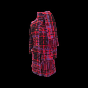 60’s Coat Pink Purple Red Plaid Thick Woven Wool Attached Scarf