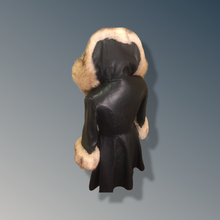 Load image into Gallery viewer, Vintage 70’s Leather Coat with Fox Fur Hood and Cuff Trim Princess Full Flare Skirt Rare OOAK 36/38 Bust Sargent Pepper Double Breasted