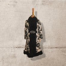 Load image into Gallery viewer, 60’s 70’s Tapestry Carpet Floral Mongolian Curly Lamb Black and White Coat Deadstock New With Tags Princess Afghan