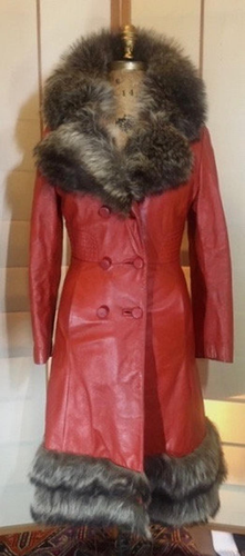 60s 70s Lipstick Red Leather Fur Trim Mod Made in Paris Princess XS S Fit Flare Petite