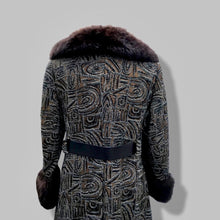 Load image into Gallery viewer, 60’s Mod Vintage Tapestry Wool Carpet Coat Black and Brown with Genuine Fur Trim