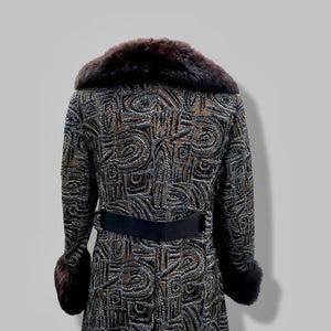 60’s Mod Vintage Tapestry Wool Carpet Coat Black and Brown with Genuine Fur Trim