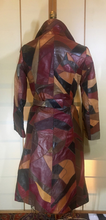Load image into Gallery viewer, Vintage 70s Patchwork Mosaic Leather Duster/Trench/Coat Hippy S/XS Fit Flare Penny Lane Michael Kors Studio 54 Melania