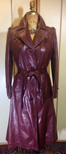 Load image into Gallery viewer, Vintage 70s Leather Coat Spy Trench Belted Fit and Flare Burgundy Oxblood M