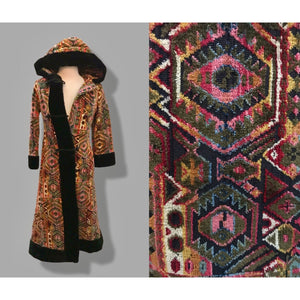 60’s 70’s Vintage Carpet Coat Needlepoint Hooded Sherpa Trim Fit and Flare