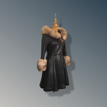 Load image into Gallery viewer, Vintage 70’s Leather Coat with Fox Fur Hood and Cuff Trim Princess Full Flare Skirt Rare OOAK 36/38 Bust Sargent Pepper Double Breasted