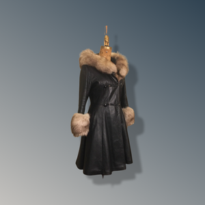 Vintage 70’s Leather Coat with Fox Fur Hood and Cuff Trim Princess Full Flare Skirt Rare OOAK 36/38 Bust Sargent Pepper Double Breasted