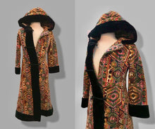 Load image into Gallery viewer, 60’s 70’s Vintage Carpet Coat Needlepoint Hooded Sherpa Trim Fit and Flare